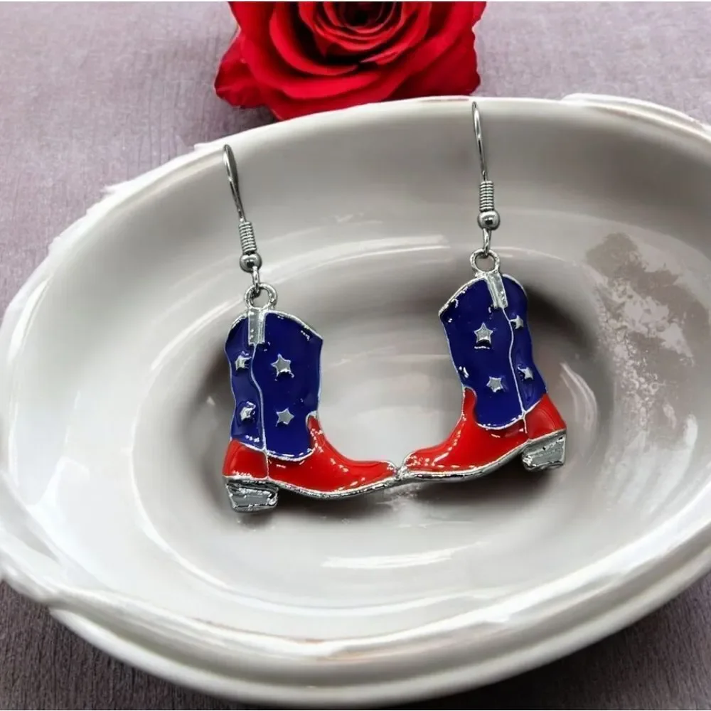 Cowboy Boot Earrings Red Blue Patriotic Cowgirl Americana Jewelry Western Dangle